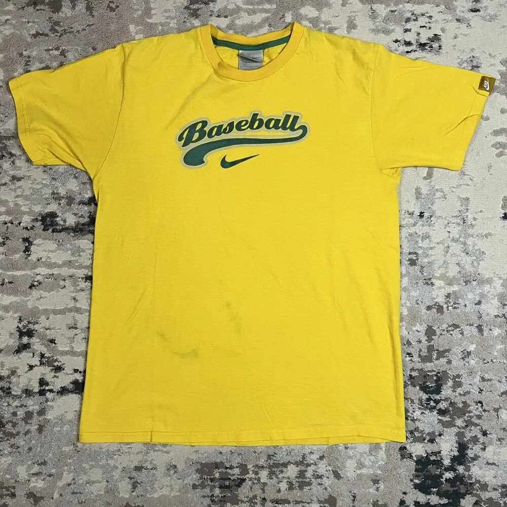VTG Y2K Nike Baseball Spellout Center Swoosh Yellow Crew Neck T-Shirt Mens L